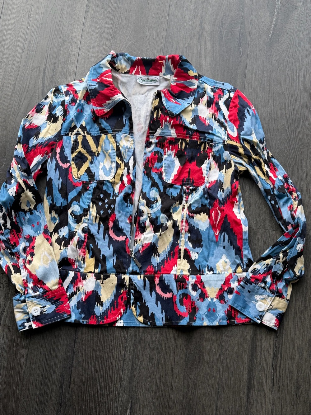 Patchington Multicolor Abstract Print Zip Jacket in Blue, Red & Black